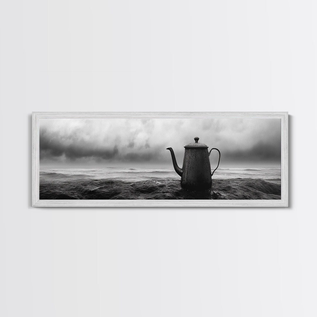 Coastal Teapot Still, Nautical Decor, Ocean Photography, Minimalist Kitchen Art, Canvas Print, Monochrome Style, Beach House Art
