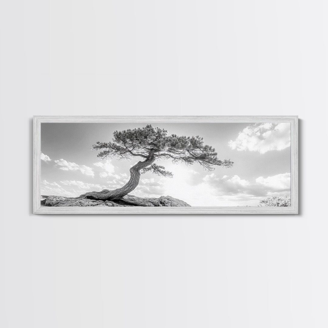 Lone Curved Tree, Zen Nature Print, Minimalist Landscape, Calming Decor, Framed Canvas Print, Bedroom Wall Statement