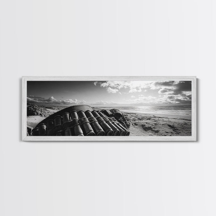 Beach Ammo, War Relic, Ocean Shoreline, WWII Remnants, Framed Canvas Print, Industrial Wall Art, Man Cave Decor, Coastal Photography