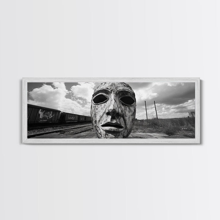 Abandoned Train Mask, Urban Surrealism, Monochrome Street Art, Modern Edgy Decor, Framed Canvas Print, Industrial Room Style