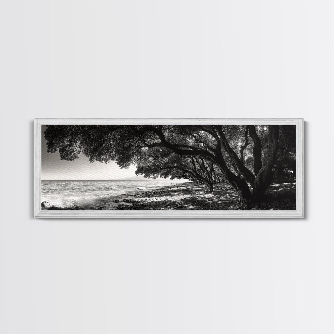Ocean Trees, Shoreline Light, Majestic Forest, Beach Scene, Framed Canvas Print, Boho Wall Decor, Bedroom Art, Zen Coastal Artwork
