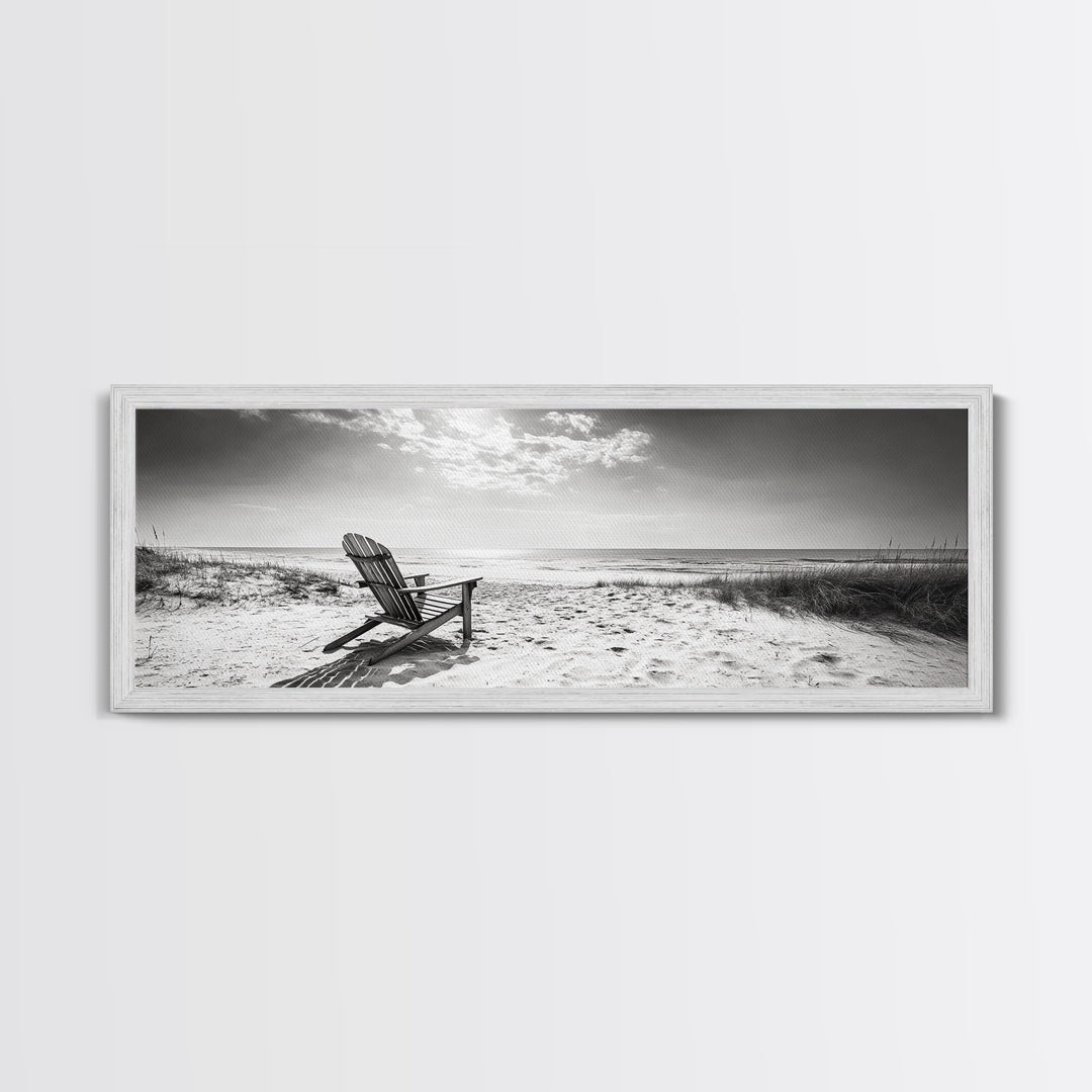 Coastal Chair, Black White, Seaside Decor, Beach Life, Framed Canvas Print, Coastal wall art, minimalist art, neutral tones, coastal room