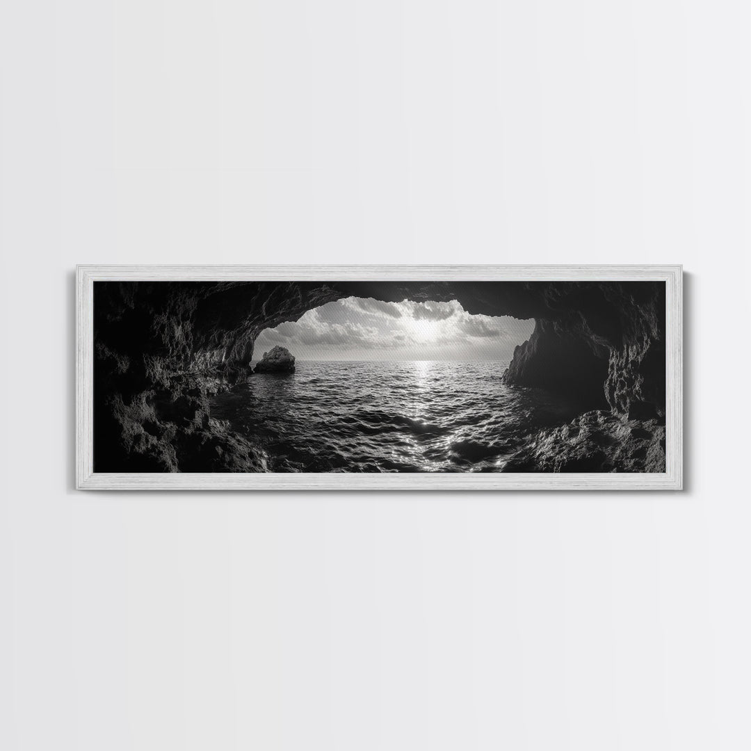 Ocean Cave, Horizon View, Seascape Tunnel, Sunset Waters, Framed Canvas Print, Coastal Bathroom Art, Nature Lover Gift, Minimal Decor