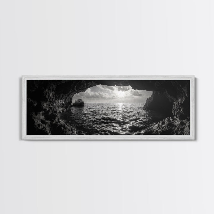 Ocean Cave, Horizon View, Seascape Tunnel, Sunset Waters, Framed Canvas Print, Coastal Bathroom Art, Nature Lover Gift, Minimal Decor