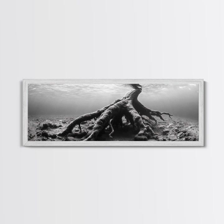 Ancient Roots, Submerged Tree, Nature Photography, Black and White, Canvas Print, Minimalist Underwater Art, Office Wall Art, Moody Decor