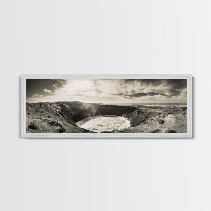 Ocean Crater, Coastal Cliff, Surreal Nature Art, Black and White Canvas Print, Gallery Wall Art, Earthy Decor, Adventure Inspired