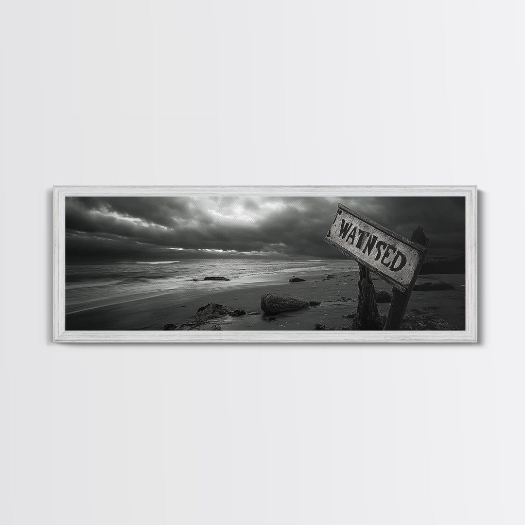 Stormy Beach, Weathered Sign, Moody Ocean, Black and White Photography, Framed Canvas Print, Coastal Gothic Wall Art, Autumn Decor