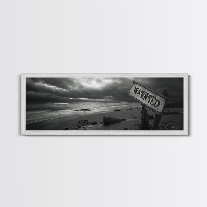 Stormy Beach, Weathered Sign, Moody Ocean, Black and White Photography, Framed Canvas Print, Coastal Gothic Wall Art, Autumn Decor