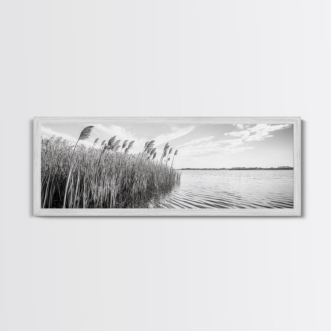 Windy Reeds, Lakeside Breeze, Natural Grass Art, Monochrome Landscape, Canvas Print, Boho Living Room Decor, Botanical Minimalist Wall Art