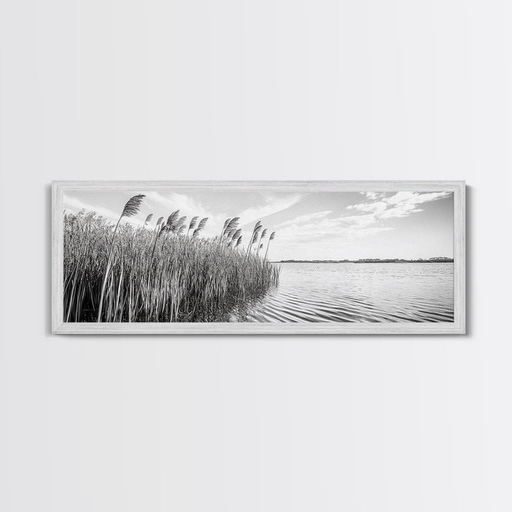 Windy Reeds, Lakeside Breeze, Natural Grass Art, Monochrome Landscape, Canvas Print, Boho Living Room Decor, Botanical Minimalist Wall Art