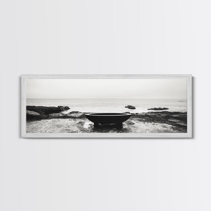 Coastal Boat, Ocean Horizon, Solitude Scene, Black and White Seascape, Canvas Print, Modern Bathroom Wall Art, Minimalist Decor