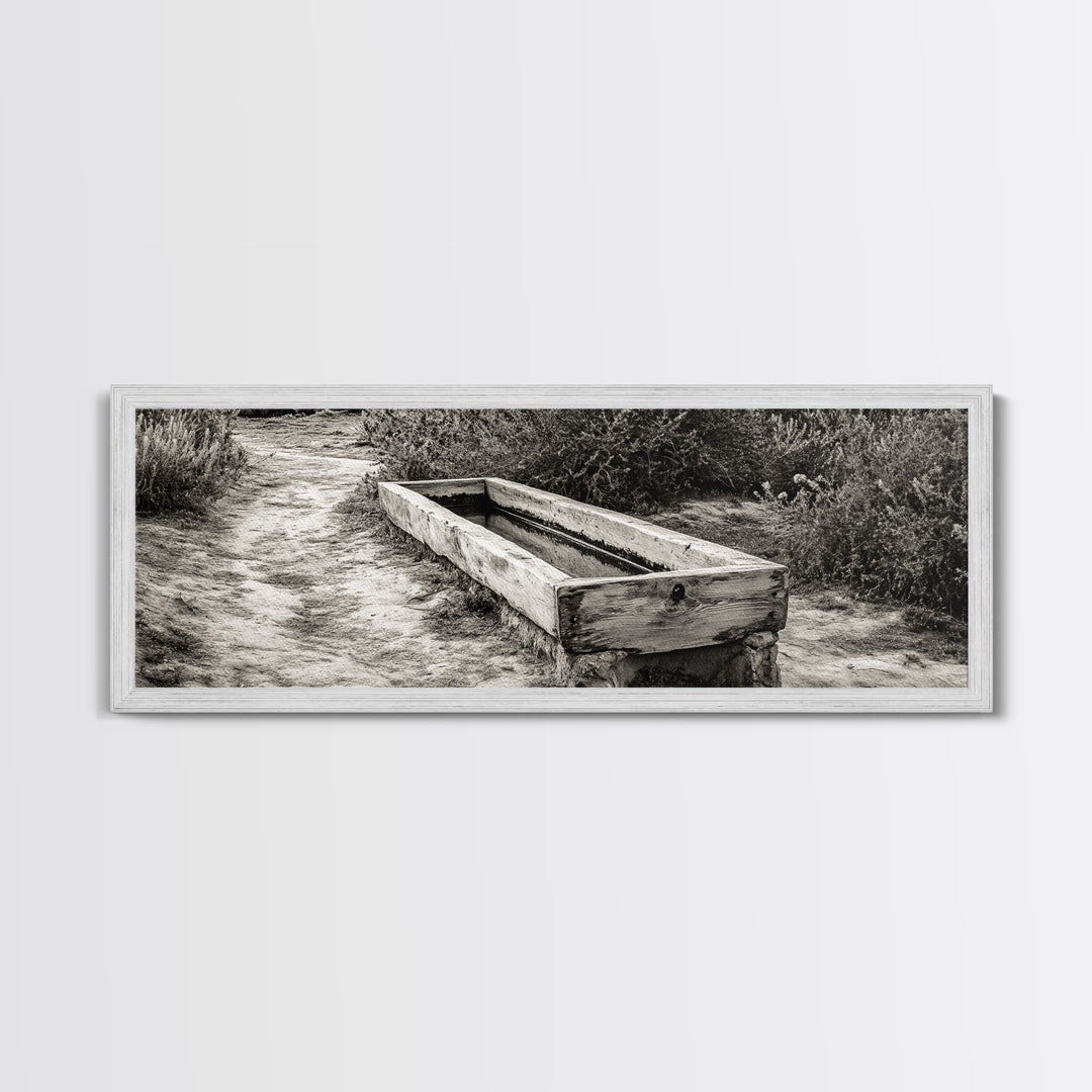Rustic Water Trough, Nature Trail, Western Desert Scene, Framed Canvas Print, Country Farmhouse Decor, Minimalist Entryway Wall Art