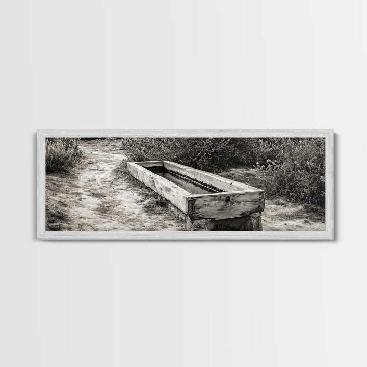 Rustic Water Trough, Nature Trail, Western Desert Scene, Framed Canvas Print, Country Farmhouse Decor, Minimalist Entryway Wall Art