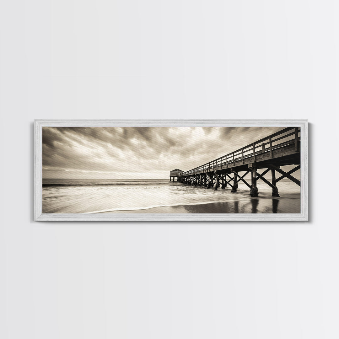 Pier at Dusk, Ocean Boardwalk, Stormy Beach Horizon, Framed Canvas Print, Moody Coastal Wall Art, Nautical Living Room Decor
