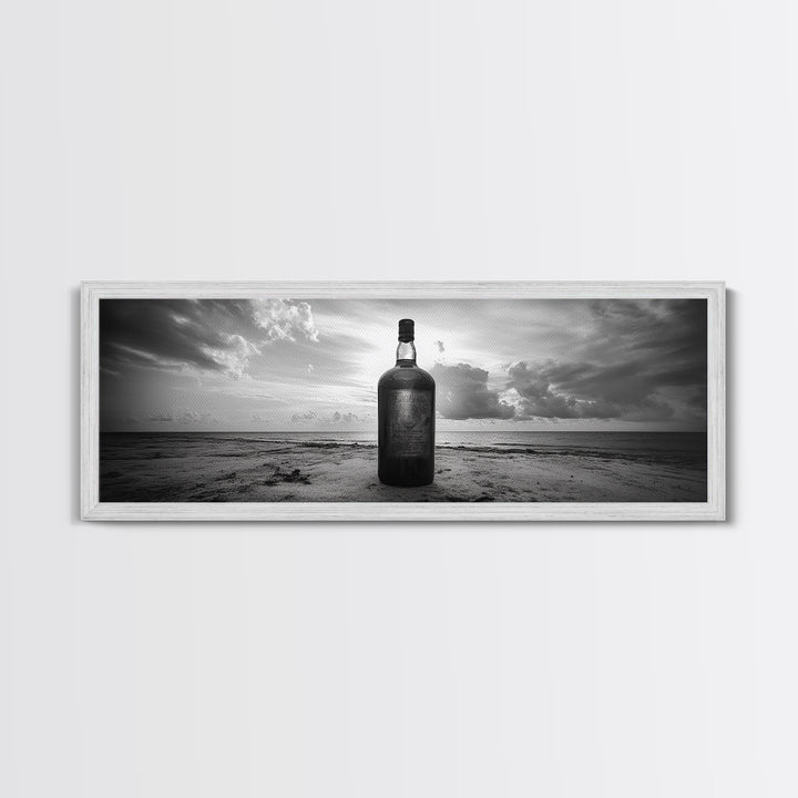 Whiskey on Beach, Bottle Seascape, Moody Coastal Still Life, Canvas Print, Masculine Bar Wall Art, Rustic Living Room Accent Piece