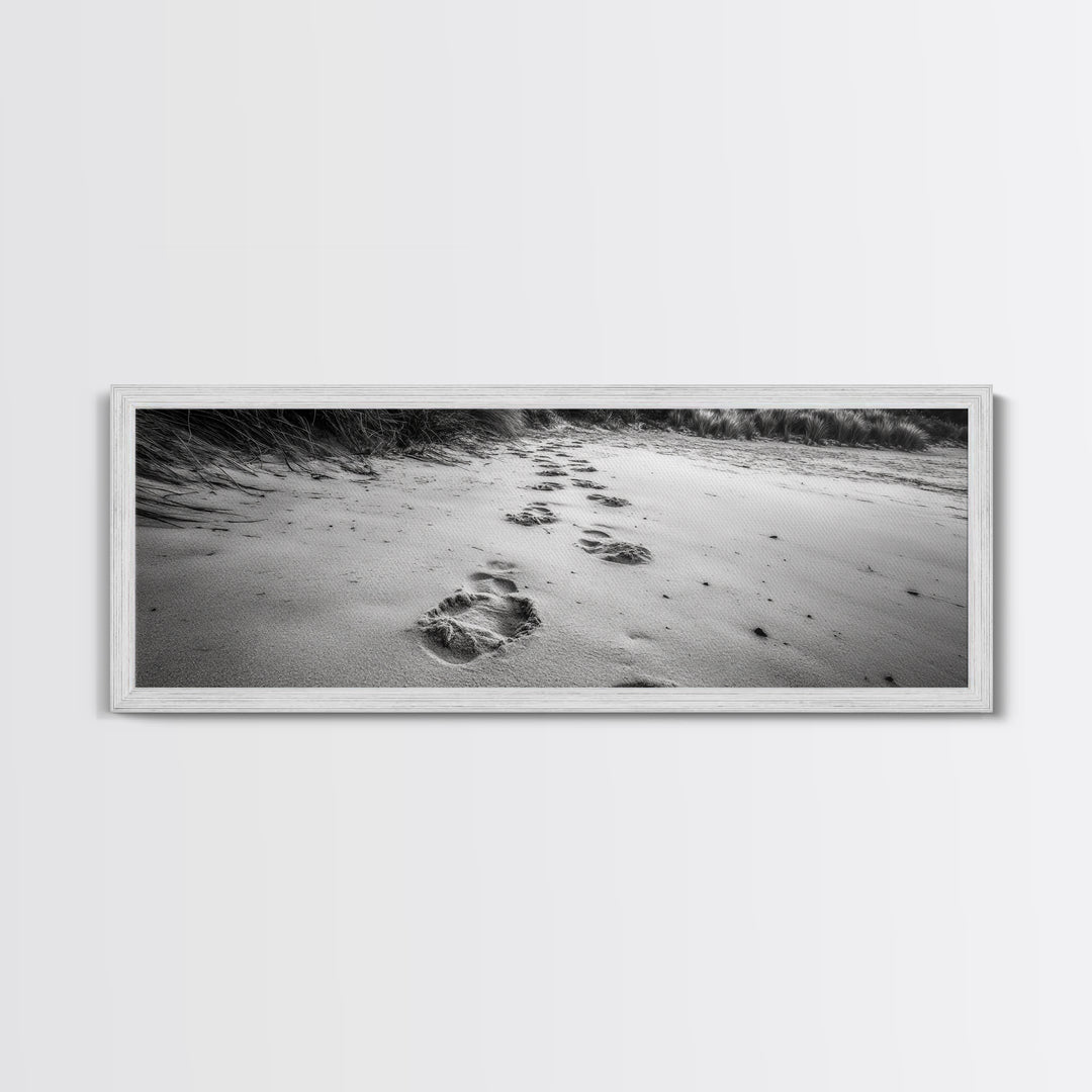 Beach Footprints, Sandy Path, Seaside Steps, Reflective Moment, Canvas Print, Minimalist Bathroom Wall Art, Tranquil Coastal Decor