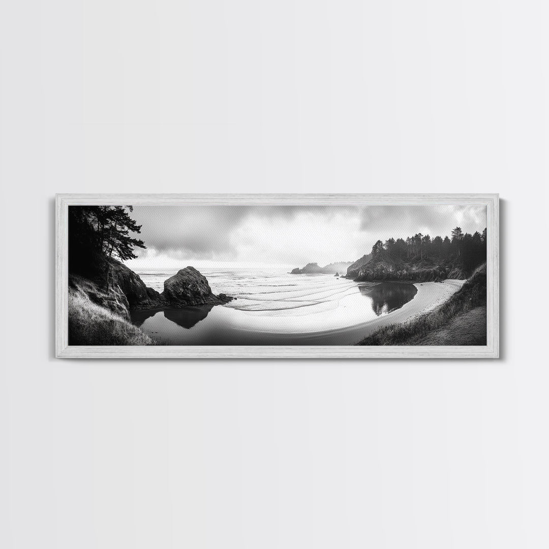 Forest Beach, Pacific Coast, Morning Mist, Tranquil Cove, Framed Canvas Print, Rustic Cabin Wall Art, Nature Landscape Photography