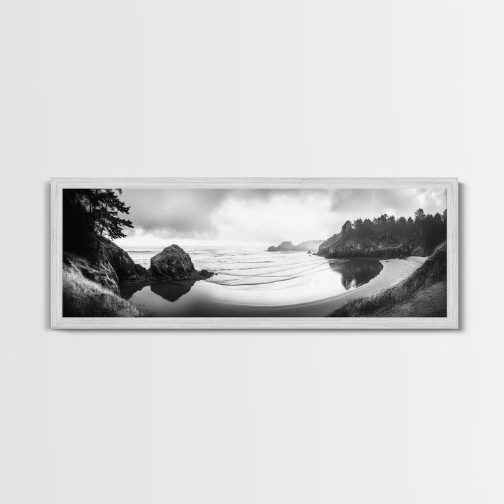 Forest Beach, Pacific Coast, Morning Mist, Tranquil Cove, Framed Canvas Print, Rustic Cabin Wall Art, Nature Landscape Photography