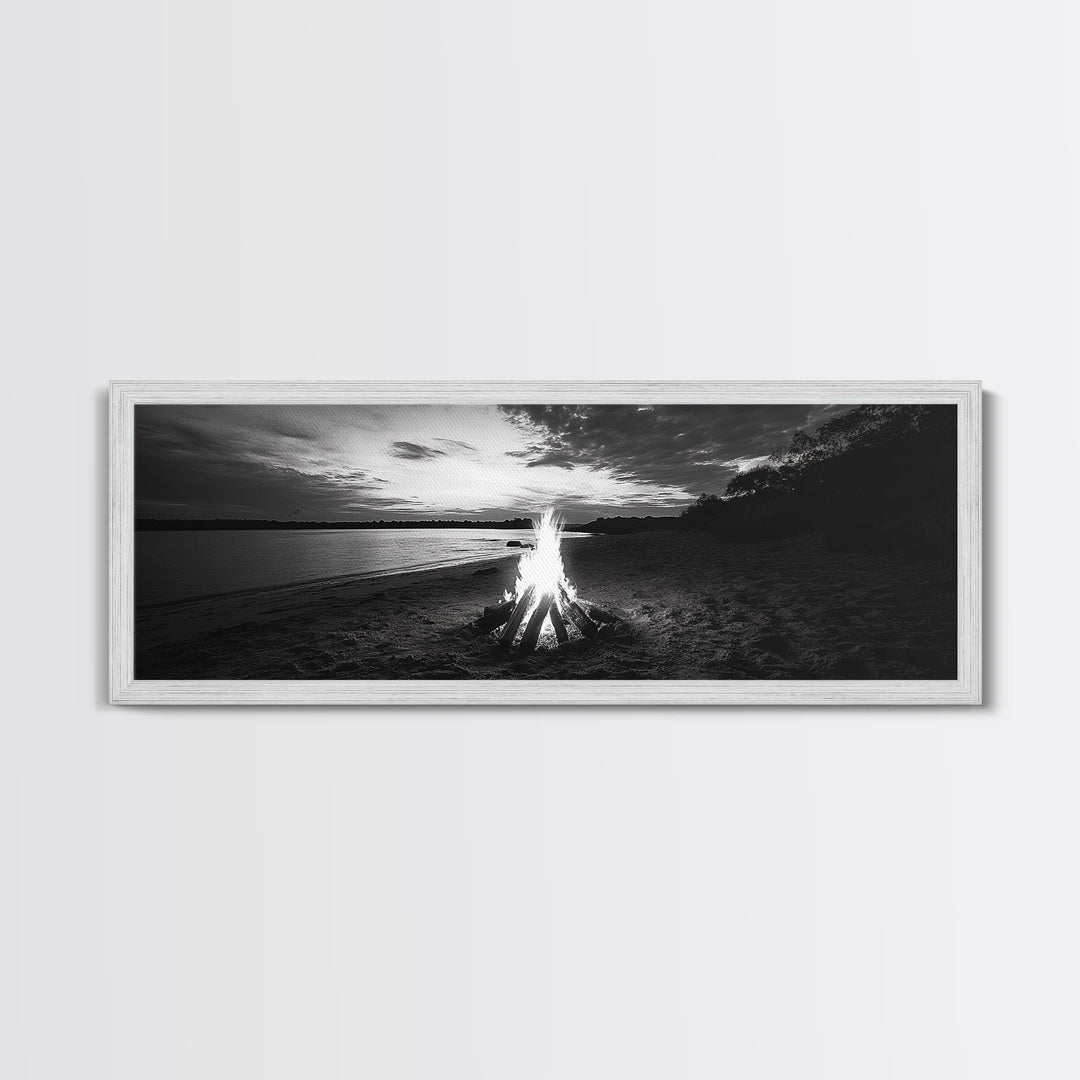 Beach Bonfire, Sunset Glow, Autumn Shoreline, Firelight Sky, Canvas Print, Fall beach decor, cozy wall art, rustic art, lake house style