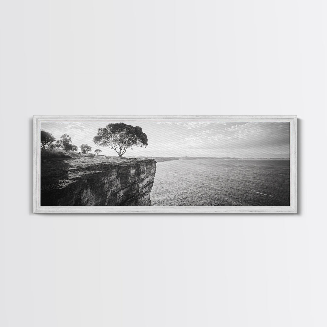 Coastal Cliff Tree, Ocean Horizon, Nature Photography, Framed Canvas Print, Minimalist Wall Art, Living Room Decor, Modern Landscape