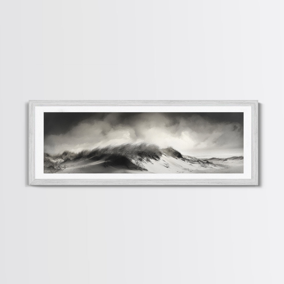 Sand Dune Storm, Coastal Winds, Black and White Nature, Framed Canvas Print, Neutral Wall Art, Hallway Decor, Minimalist Style