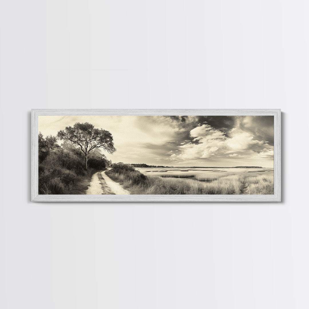 Country Road, Marshland Meadow, Lone Tree Landscape, Framed Canvas Print, Rustic Fall Wall Art, Entryway Decor, Neutral Nature Style