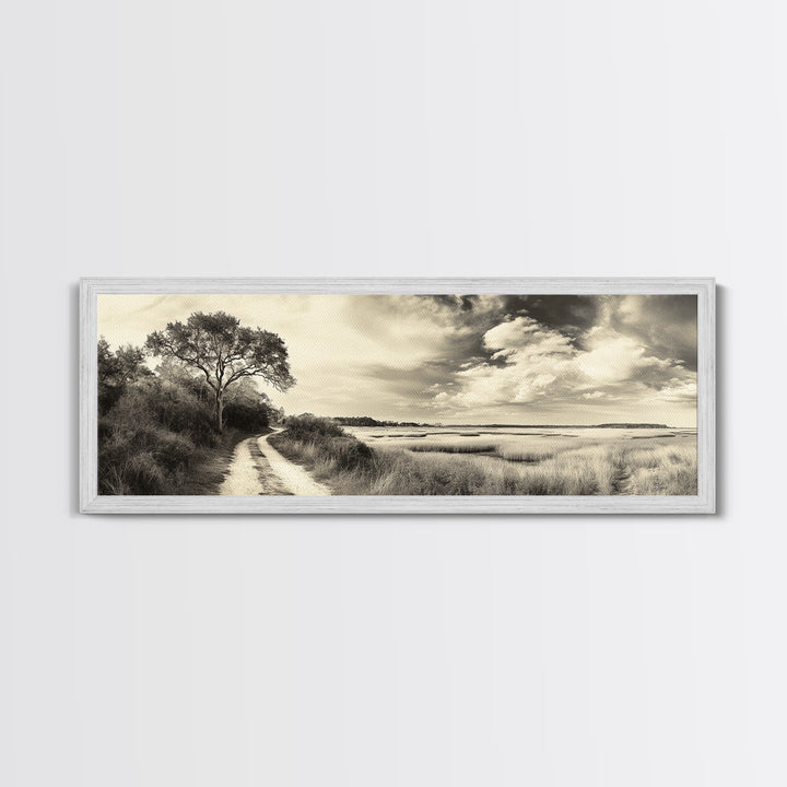 Country Road, Marshland Meadow, Lone Tree Landscape, Framed Canvas Print, Rustic Fall Wall Art, Entryway Decor, Neutral Nature Style