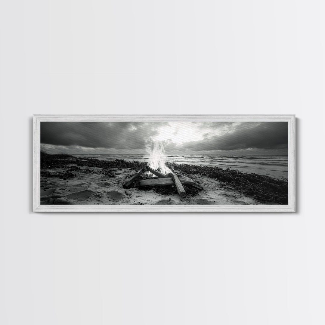 Driftwood Fire, Coastal Sky, Ocean Mood, Fall Campfire, Framed Canvas Print, rustic lake decor, bohemian fireplace art, nature wall accent