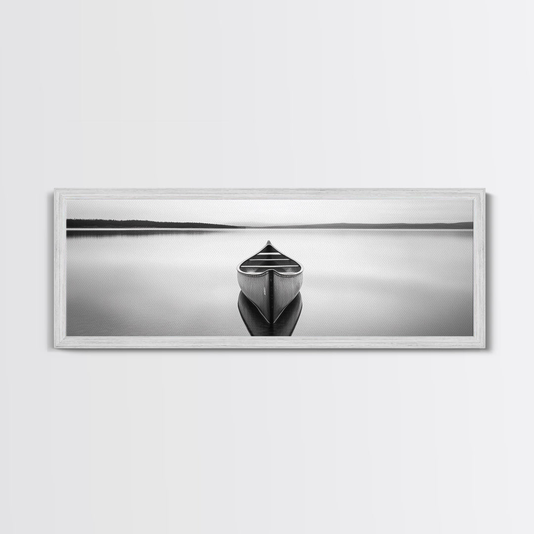 Still Canoe, Lake Mirror, Serene Water, Monochrome Boat, Framed Canvas Print, minimalist wall art, peaceful bedroom decor, boho lake style