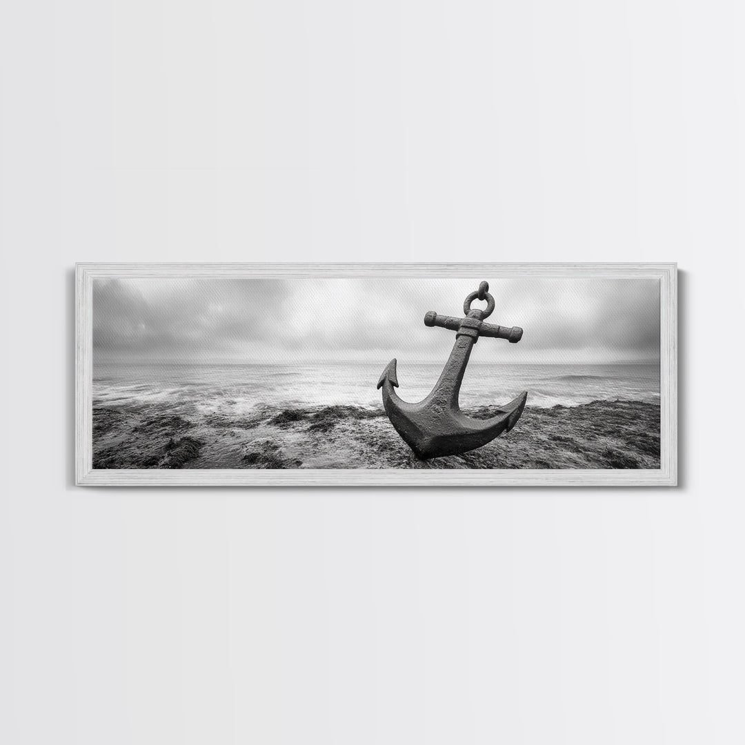 Anchor Shore, Ocean Symbol, Coastal Rust, Nautical Fog, Framed Canvas Print, Bathroom Decor, Marine Wall Art, Minimalist Nautical Style