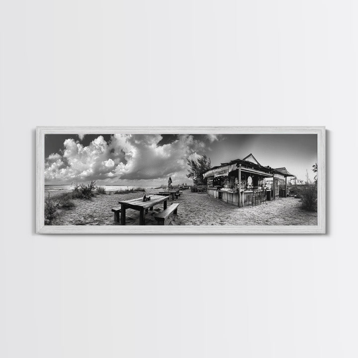Beachside Bar Scene, Rustic Cafe, Ocean Picnic, Cloudy Sky, Framed Canvas Print, Coastal Kitchen Wall Art, Boho Bar Decor