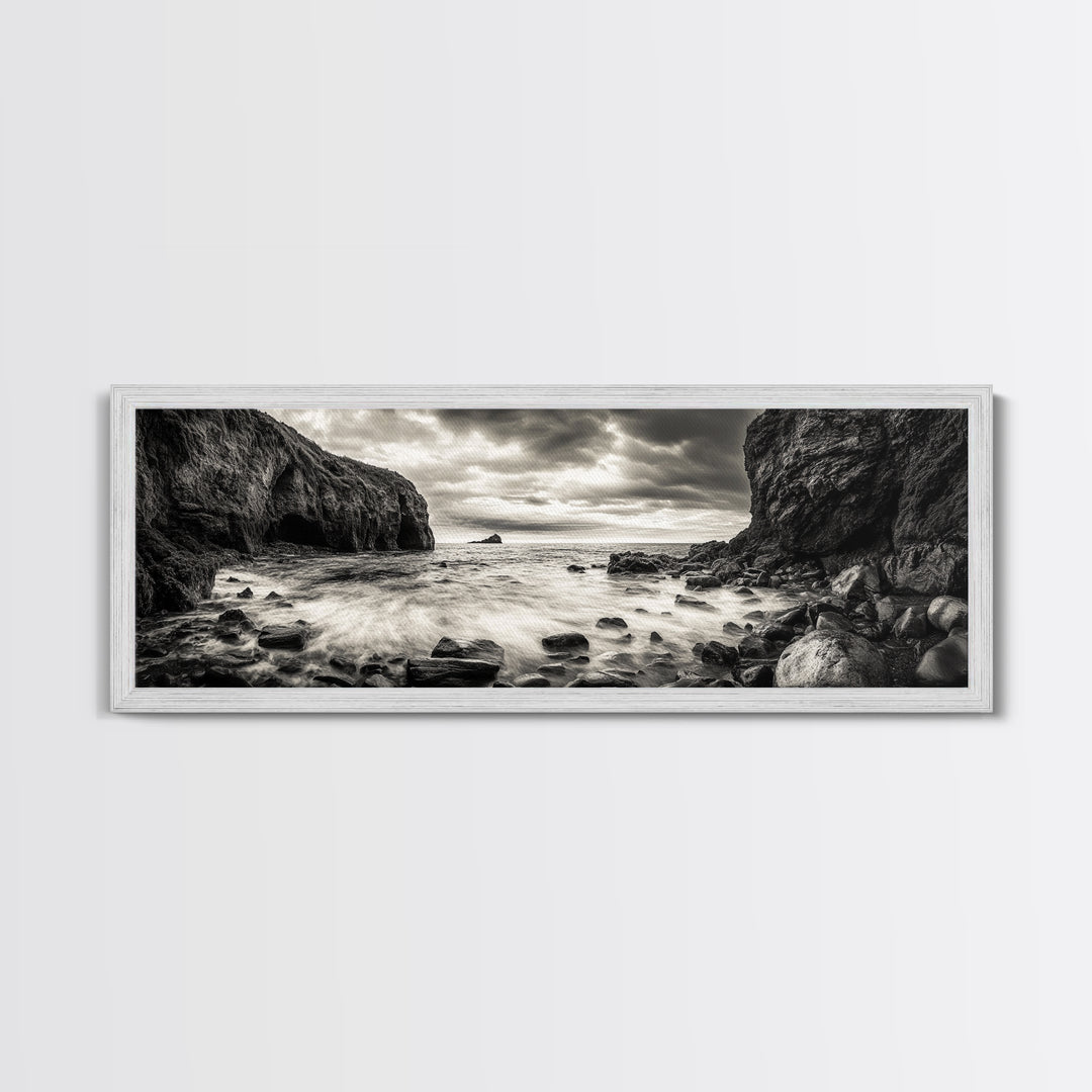 Rocky Shore Escape, Ocean Cliffside, Wild Coast, Moody Sky, Framed Canvas Print, Modern Bathroom Art, Nature Lover Decor