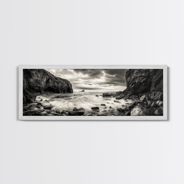 Rocky Shore Escape, Ocean Cliffside, Wild Coast, Moody Sky, Framed Canvas Print, Modern Bathroom Art, Nature Lover Decor