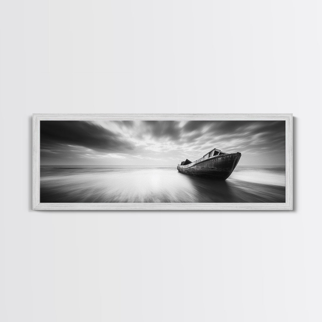 Abandoned Shipwreck, Ocean Ghost Boat, Moody Horizon, Dramatic Sky, Framed Canvas Print, Dark Nautical Art, Hallway Statement Piece