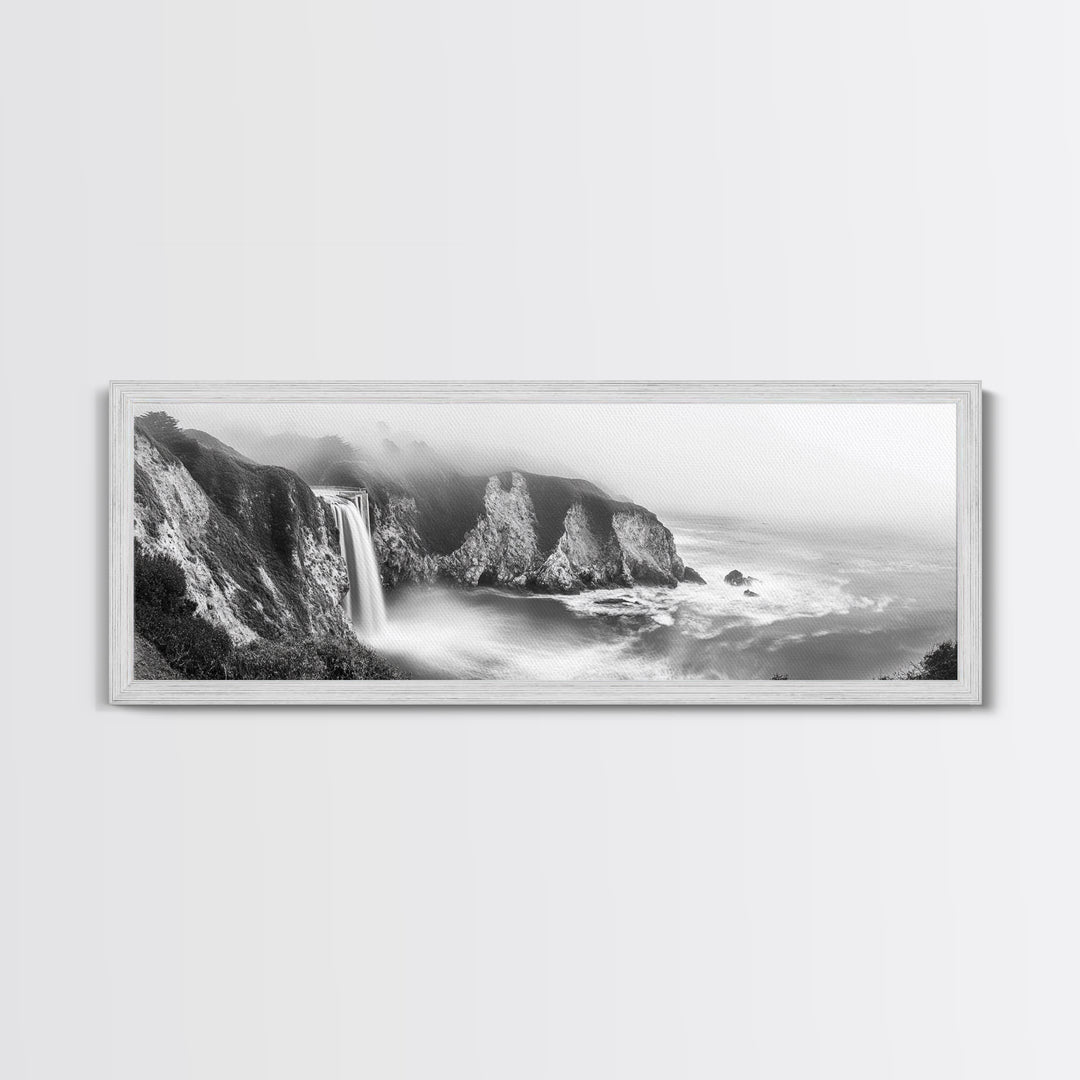 Cliffside Waterfall Coast, Misty Ocean Falls, Dramatic Drop, Nature Power, Framed Canvas Print, Scenic Landscape Wall Art, Spa Bathroom Decor