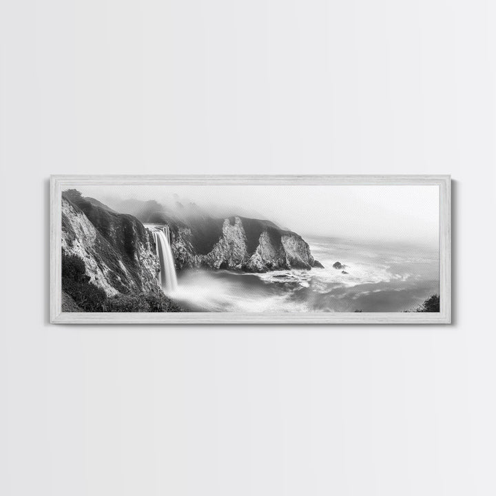 Cliffside Waterfall Coast, Misty Ocean Falls, Dramatic Drop, Nature Power, Framed Canvas Print, Scenic Landscape Wall Art, Spa Bathroom Decor