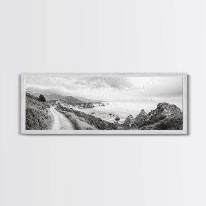 Coastal Trail View, Mountain Seascape, Minimalist Beach Path, Framed Canvas Print, Serene Landscape, Living Room Wall Art, Nature Decor