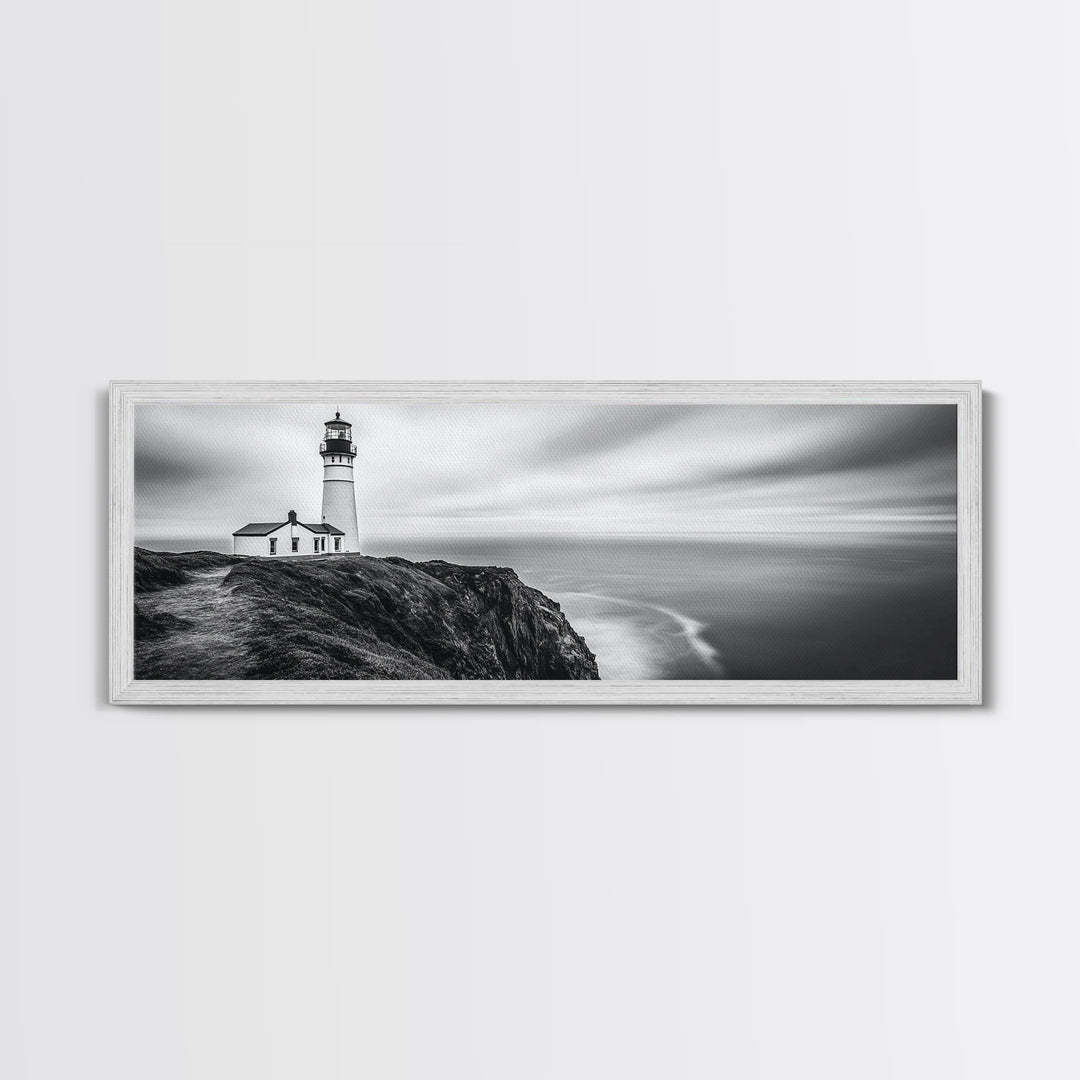 Lighthouse Serenity, Coastal Fog, Ocean Horizon, Canvas Print, Black and White Decor, Office Wall Art, Nautical Theme, Moody Photography