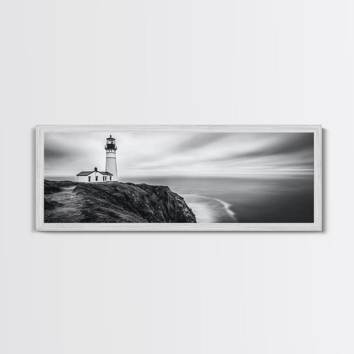 Lighthouse Serenity, Coastal Fog, Ocean Horizon, Canvas Print, Black and White Decor, Office Wall Art, Nautical Theme, Moody Photography