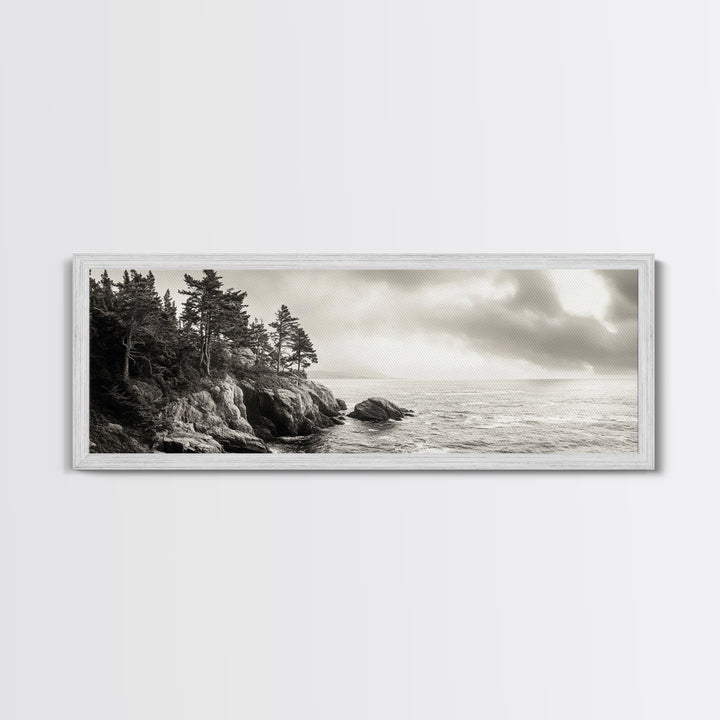 Windy Pines, Rocky Shoreline, Ocean Wilderness, Canvas Print, Vintage Nature Photography, Hallway Wall Art, Outdoor Adventure Vibe