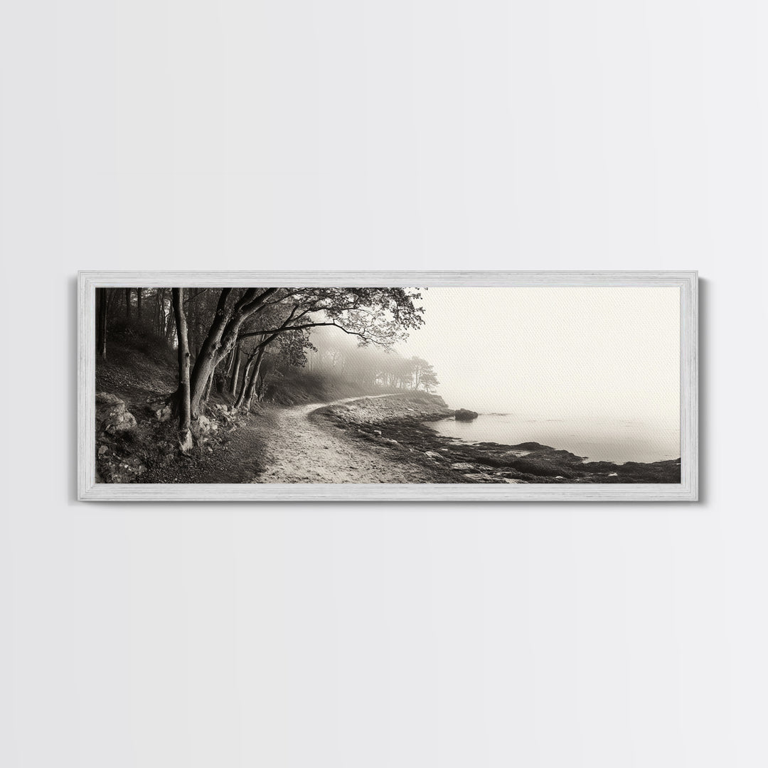Forest Path, Misty Woods, Quiet Trail, Coastal Fog, Framed Canvas Print, Scandinavian Decor, Entryway Art, Minimal Nature Photography