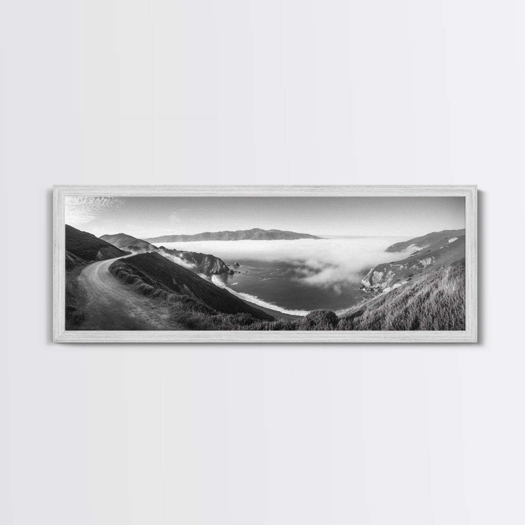 Mountain Road, Foggy Ocean View, Cliffside Drive, Framed Canvas Print, Scenic Wall Decor, Travel Photography, Modern Minimalist Art