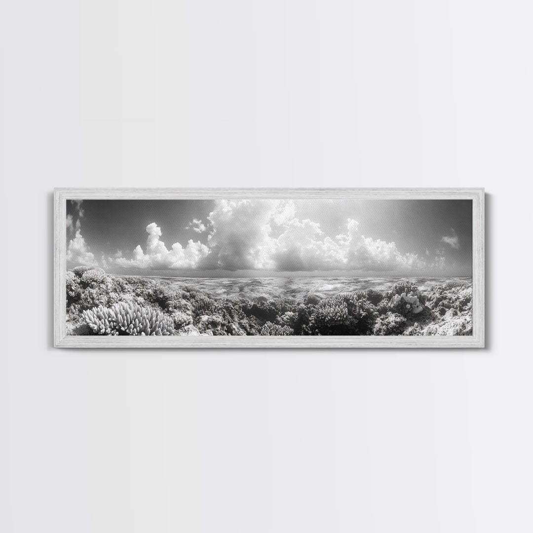 Coral Reef, Ocean Horizon, Cloudscape, Canvas Print, Underwater Nature Photography, Bathroom Wall Art, Marine Coastal Decor
