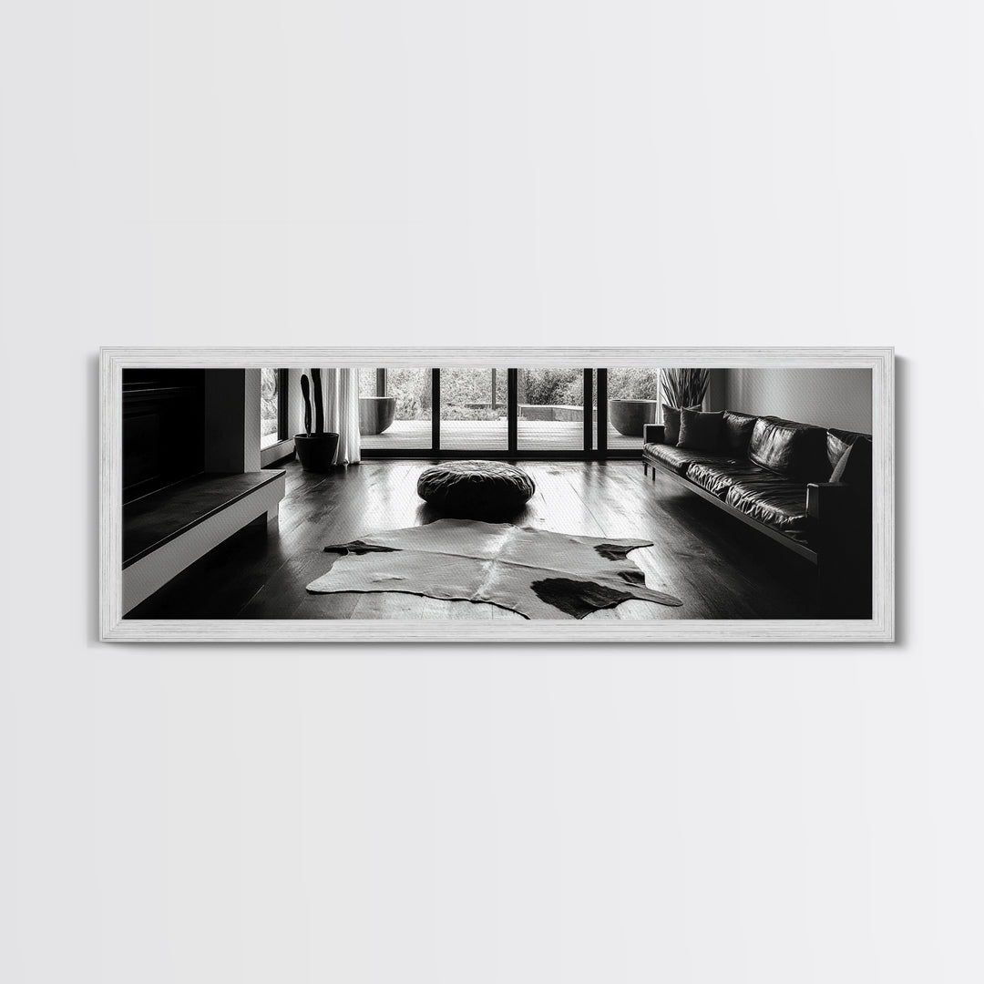 Modern Living, Minimalist Decor, Cowhide Rug, Framed Canvas Print, Neutral Aesthetic Wall Art, Luxury Living Room Design Accent