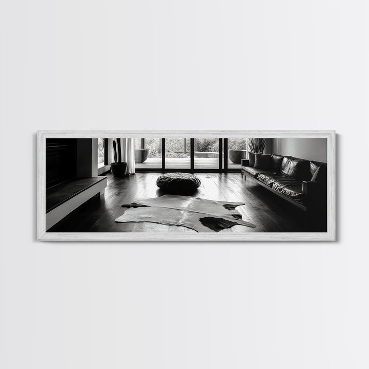 Modern Living, Minimalist Decor, Cowhide Rug, Framed Canvas Print, Neutral Aesthetic Wall Art, Luxury Living Room Design Accent