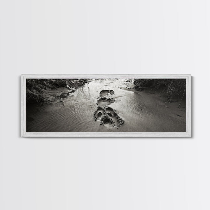 Footprints in Sand, Nature Pathway, Tranquil Stream, Framed Canvas Print, Mindful Journey Art, Rustic Entryway Wall Photography