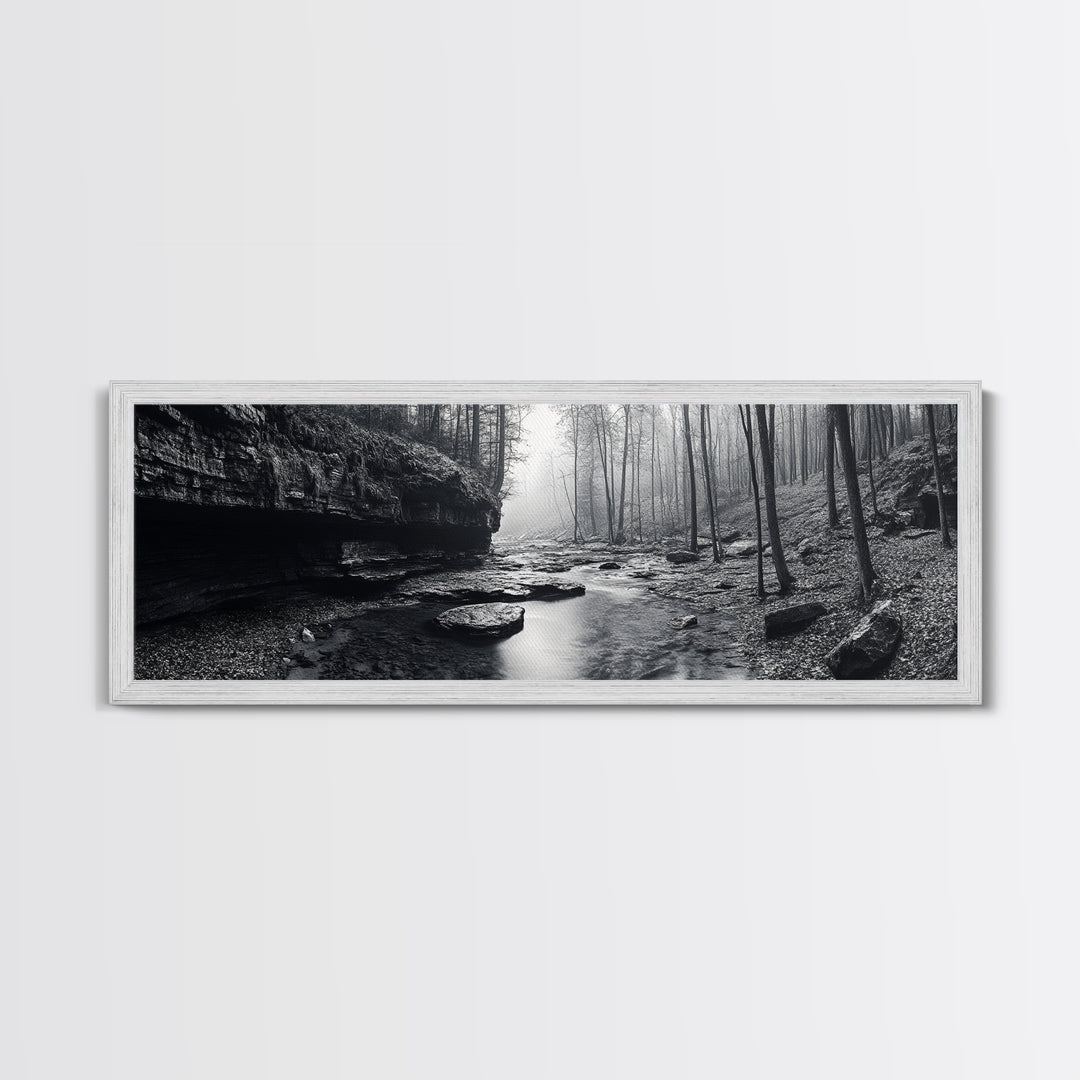 Misty River, Tranquil Forest, Autumn Nature, Monochrome Photography, Framed Canvas Print, Bedroom Wall Art, Rustic Decor, Minimalist Style