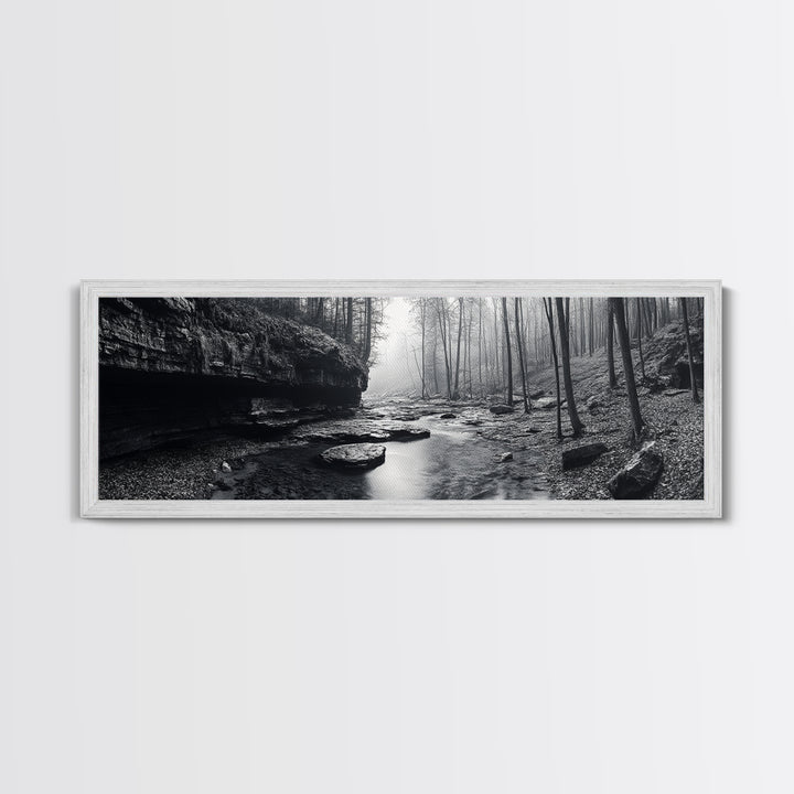 Misty River, Tranquil Forest, Autumn Nature, Monochrome Photography, Framed Canvas Print, Bedroom Wall Art, Rustic Decor, Minimalist Style