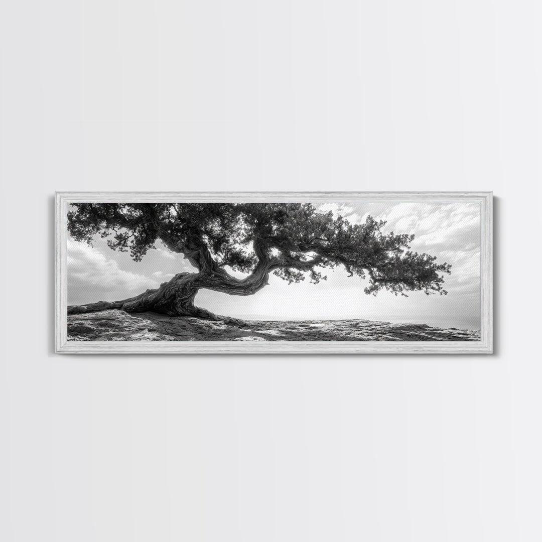 Bending Tree, Windswept Landscape, Coastal Nature, Monochrome Art, Framed Canvas Print, Zen Wall Art, Minimalist Living Room Decor