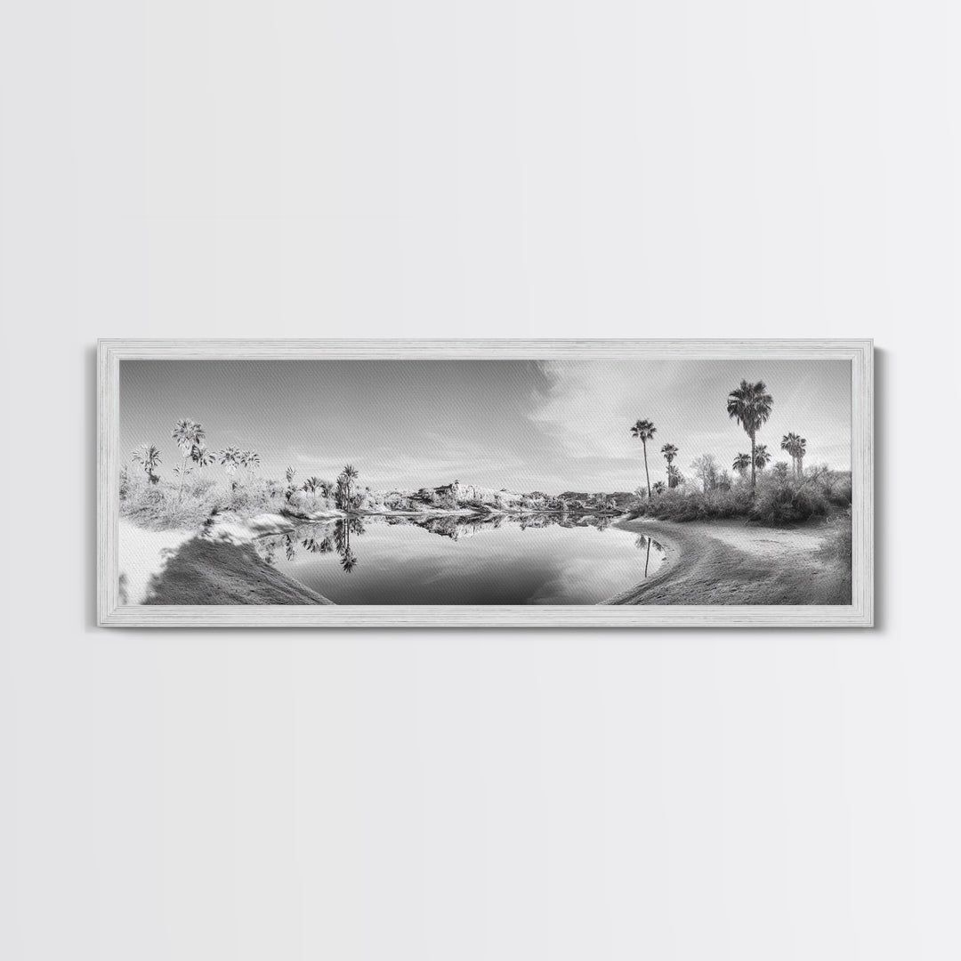Oasis Reflections, Palm Trees, Desert Scene, Infrared Art Print, Framed Canvas Print, Tropical Wall Art, Boho Bedroom Decor, Tranquil Style